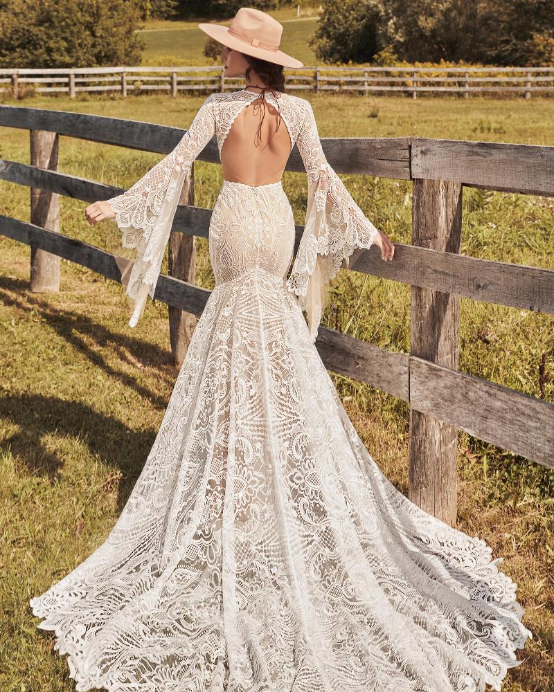 Lp2101 rustic boho wedding dress with bell sleeves and high neckline2